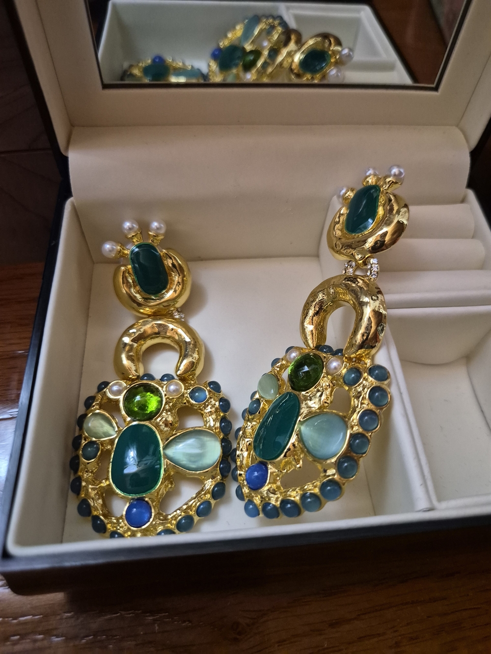 Gold-Tone Multistone Green Drop Earrings